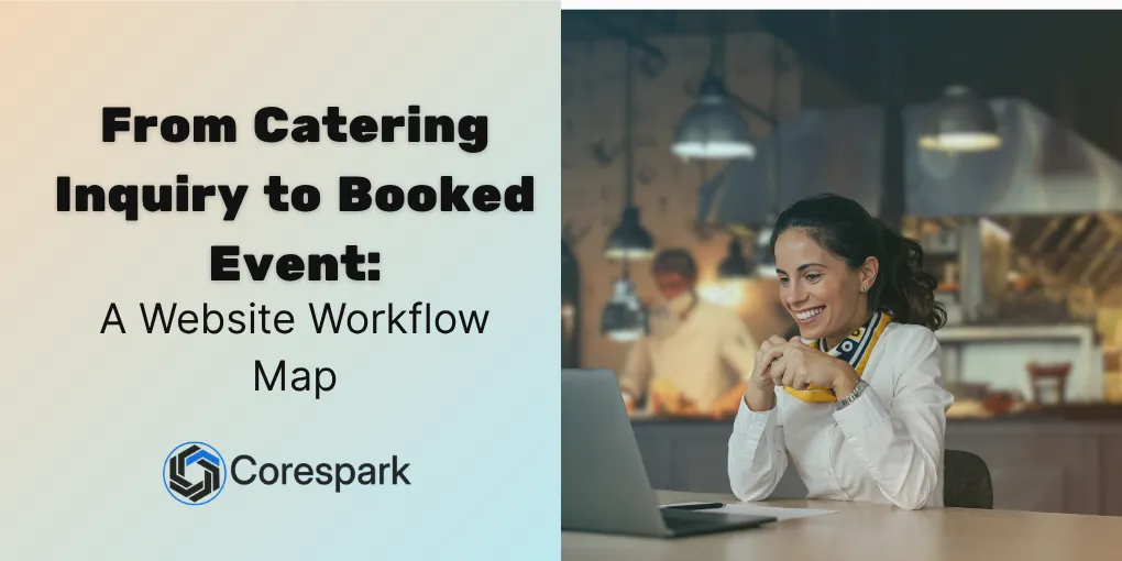 Catering coordinator reviewing an event inquiry workflow and service package details on a laptop.