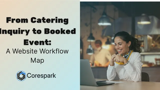 Catering coordinator reviewing an event inquiry workflow and service package details on a laptop.