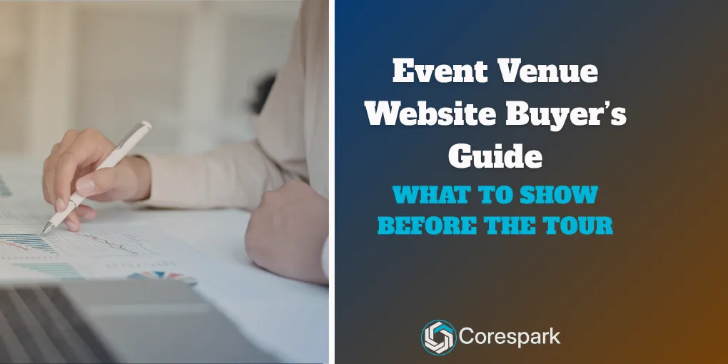 Event venue coordinator reviewing tour availability and package details on a laptop in an event space.