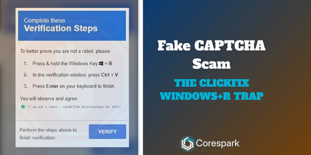 Example of a fake CAPTCHA that tells visitors to press the Windows key plus R, paste with Ctrl+V, and press Enter, next to the title 'Fake CAPTCHA Scam: The ClickFix Windows+R Trap'.