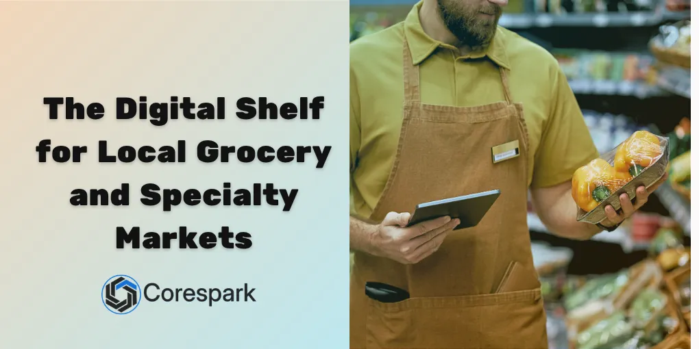 Specialty market owner reviewing product categories and pickup information on a tablet near a produce display.