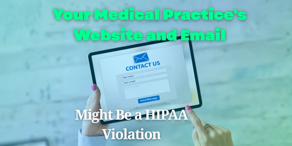 A contact form on a medical practice website with a warning symbol, next to an email inbox on a laptop screen.