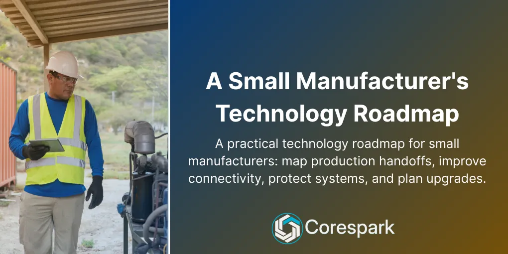 A small manufacturing supervisor reviewing a production workflow on a tablet beside a workbench.