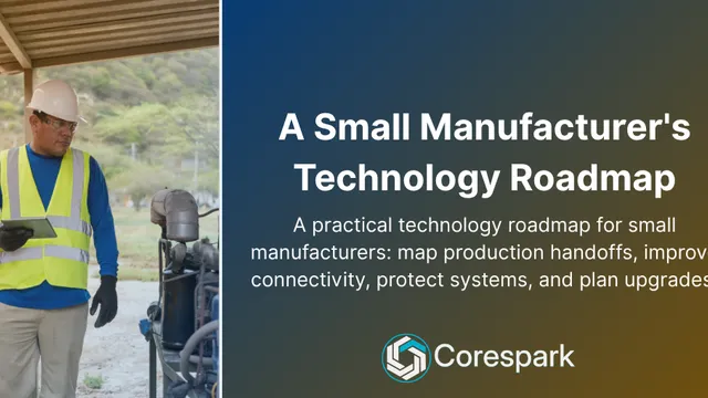A small manufacturing supervisor reviewing a production workflow on a tablet beside a workbench.