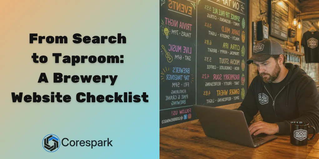 A brewery taproom manager updating the day's hours and event details on a laptop beside a chalkboard menu.