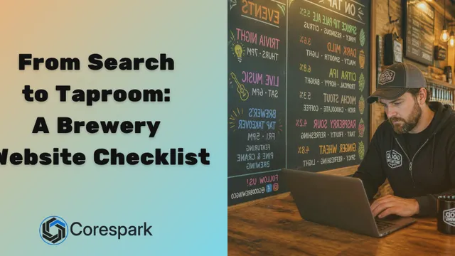 A brewery taproom manager updating the day's hours and event details on a laptop beside a chalkboard menu.