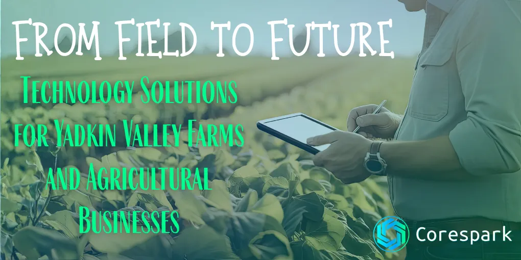 A farmer reviewing crop data on a tablet in a field in the Yadkin Valley, representing affordable farming technology solutions for North Carolina agricultural businesses.
