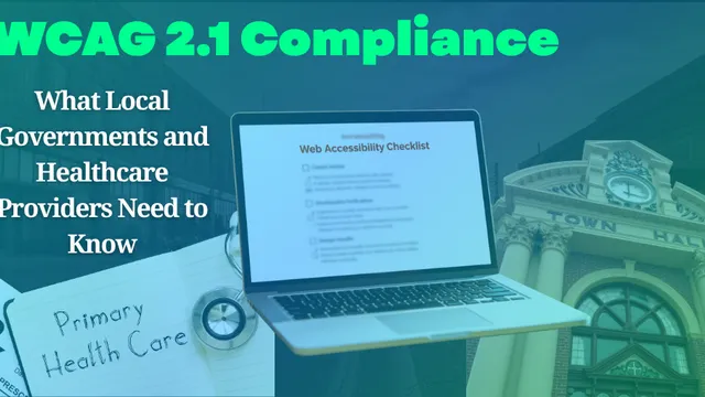 A web accessibility checklist displayed on a laptop screen, with a government building and a medical office visible in the background.