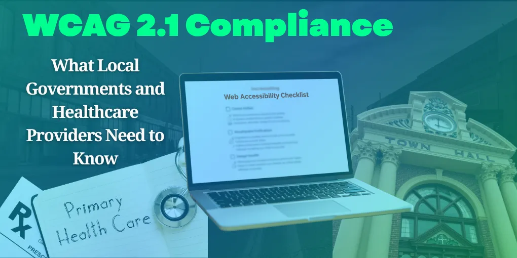 A web accessibility checklist displayed on a laptop screen, with a government building and a medical office visible in the background.