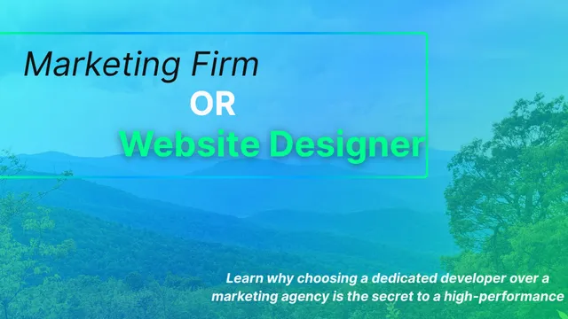 The image displays the text "Website Designer or Marketing Agency? Making the Right Choice for Your Twin Counties Business" over a background of the Blue Ridge Mountains.