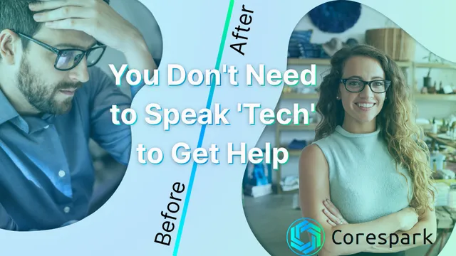 A frustrated business owner without a tech partner on one side and a happy business owner with a tech partner on the other side, illustrating the difference of having help with technology.