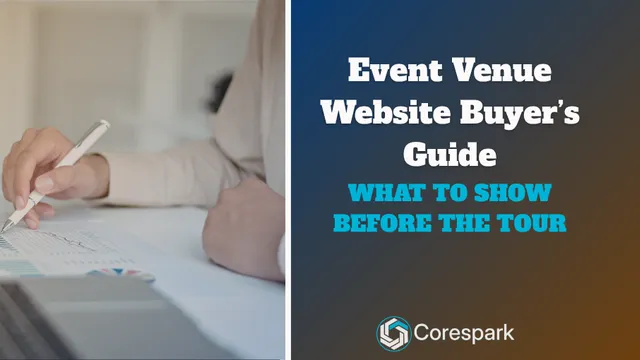 Event venue coordinator reviewing tour availability and package details on a laptop in an event space.