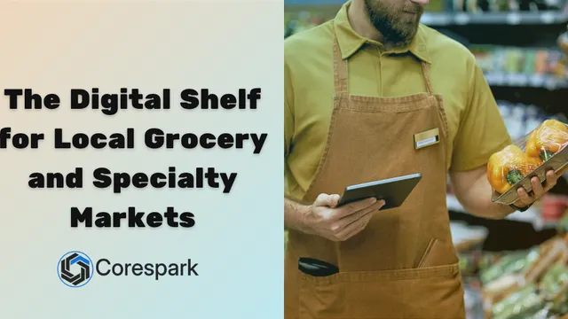 Specialty market owner reviewing product categories and pickup information on a tablet near a produce display.