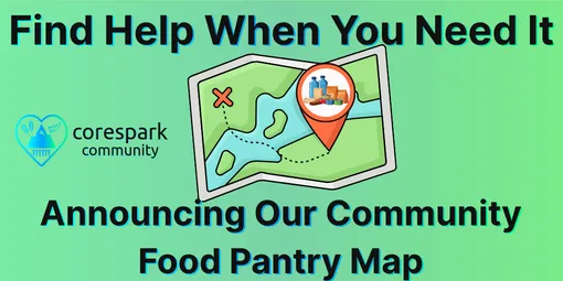 A map icon and a food icon, representing the new community food pantry map resource.