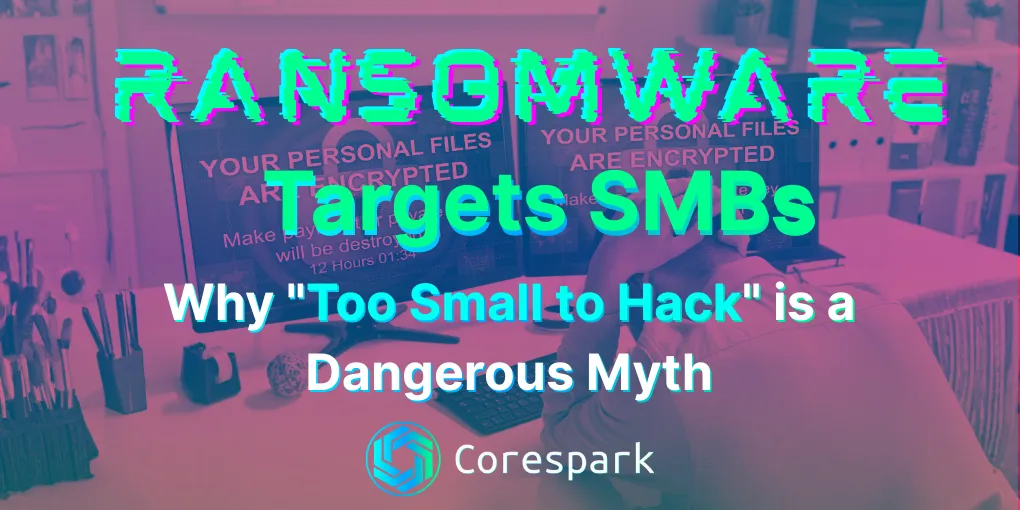 A business owner looking at their desktop computer that has fallen victim to a ransomware attack, with a message on the screen demanding payment to unlock their data.