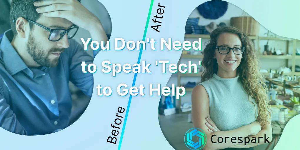 A frustrated business owner without a tech partner on one side and a happy business owner with a tech partner on the other side, illustrating the difference of having help with technology.
